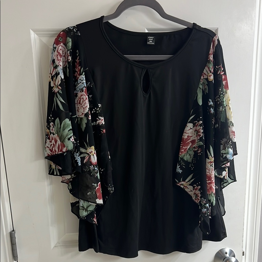 Black and Pink Ruffled Bell Sleeve Blouse